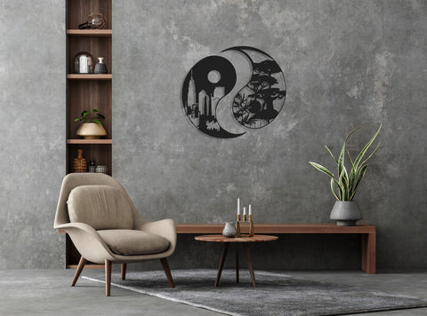 Yin Yang Metal Wall Decor, City & Forest, Metal Wall Art, Housewarming Gift, Home Decor, Office Decor,, Metal Laser Cut Metal Signs Custom Gift Ideas