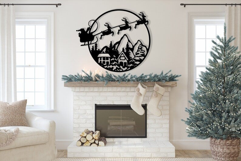 Santa Christmas Sleigh Over Town Metal Art Decor Decorations