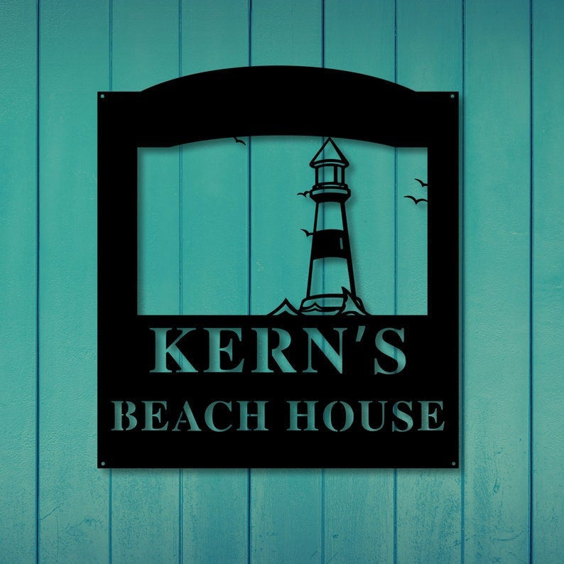 Personalized Lighthouse Beach Sign Metal Beach House Sign Beach House Decor Outdoor Family Sign Outdoor Decor Metal Sign Light House Decorations
