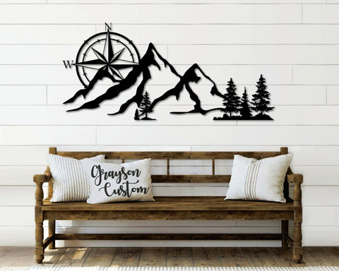 Nw Compass Rose Mountain Scene Metal Sign Metal Farmhouse Decor West Coast Metal Mountain Sign Northwest Adventure Decorations