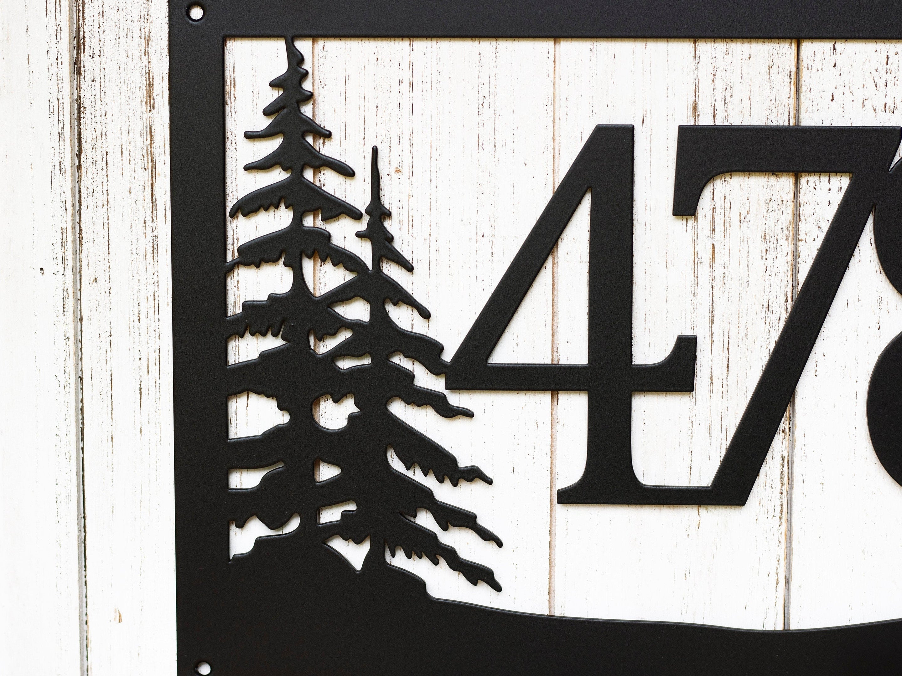 Rustic Metal House Number Sign With Pine Trees Address Plaque Cabin Signs Housewarming Gift Matte Black Shown Decorations