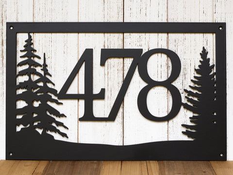 Rustic Metal House Number Sign With Pine Trees Address Plaque Cabin Signs Housewarming Gift Matte Black Shown Decorations