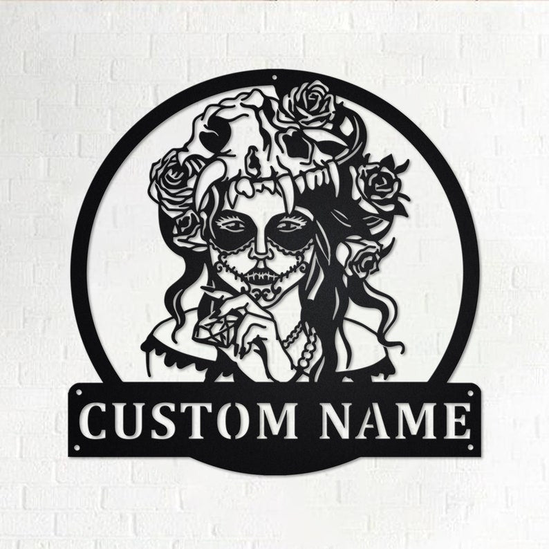 Custom Sugar Skull With Diamond Personalized Sugar Skull Name Sign Decoration For Room Sugar Skull Metal Skull Decorations
