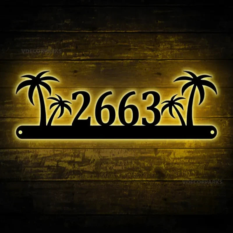 Custom Palm Tree Address House Number Metal Led Wall Art, Tropical Beach Metal Sign, Custom Address Metal Sign, Palm Tree Address Metal Plaque