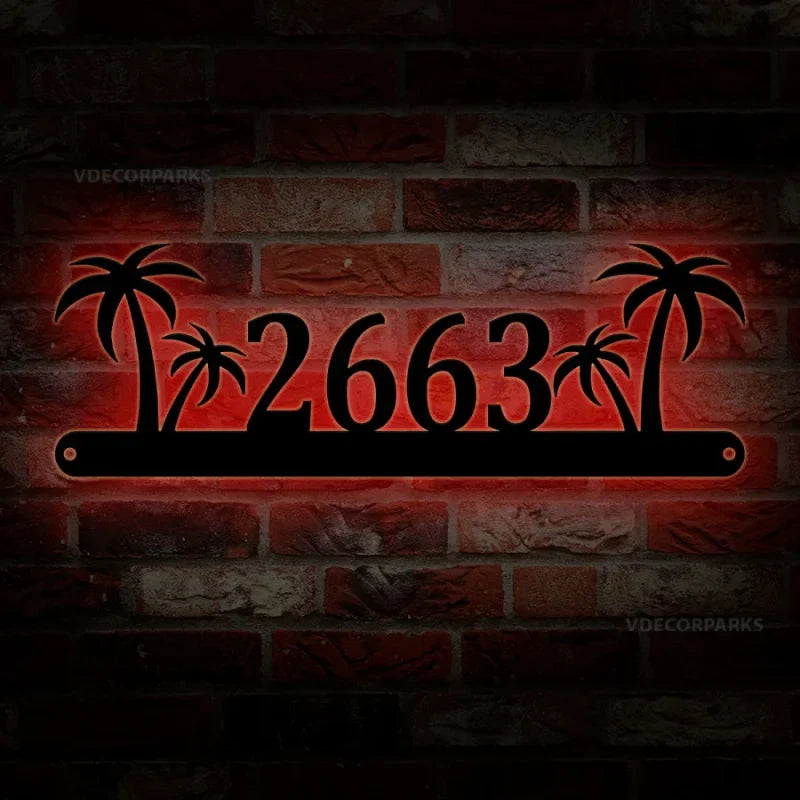 Custom Palm Tree Address House Number Metal Led Wall Art, Tropical Beach Metal Sign, Custom Address Metal Sign, Palm Tree Address Metal Plaque