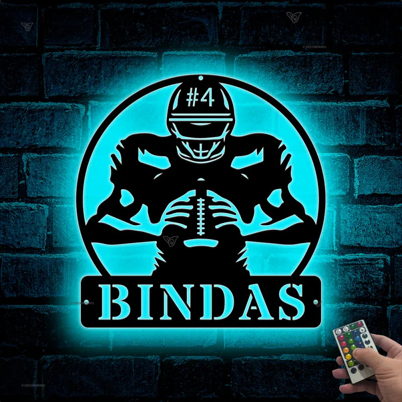 Personalized American Football Metal Name Sign Led Lights, Custom Us Football Player Metal Wall Art, American Football Sport Wall Led Decor