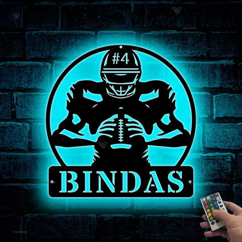 Personalized American Football Metal Name Sign Led Lights, Custom Us Football Player Metal Wall Art, American Football Sport Wall Led Decor