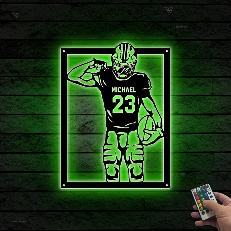 Custom American Football Metal Name Sign Led Lights, Personalized Us Football Player Metal Wall Art, American Football Sport Wall Led Decor