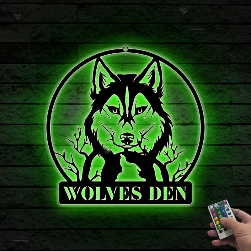 Custom Wolf Moon Metal Sign With Led Lights, Personalized Wolf Metal Name Sign Wall Hanging, Howling Wolf Monogram Metal Wall Led Decor