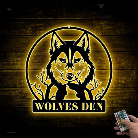 Custom Wolf Moon Metal Sign With Led Lights, Personalized Wolf Metal Name Sign Wall Hanging, Howling Wolf Monogram Metal Wall Led Decor