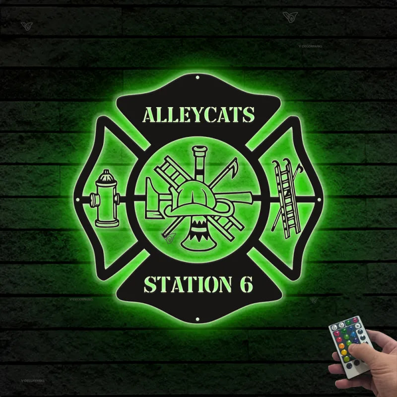Personalized Firefighter Maltese Cross Metal Sign Led Lights, Fire Department Metal Wall Art Decor, Custom Firefighter Last Name Metal Sign