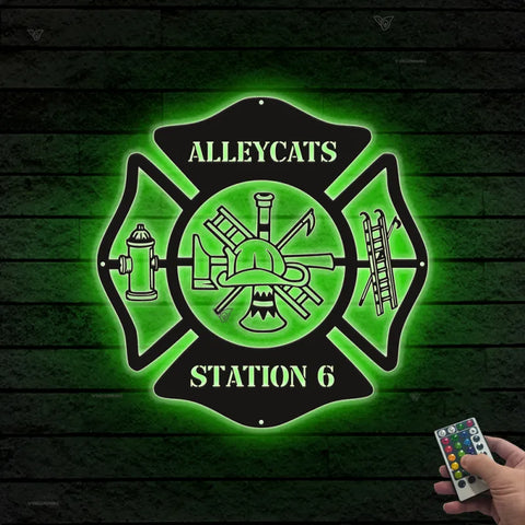 Personalized Firefighter Maltese Cross Metal Sign Led Lights, Fire Department Metal Wall Art Decor, Custom Firefighter Last Name Metal Sign