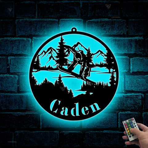 Custom Snowboard Metal Wall Art Led Lights, Snowboarder And Mountain Scene Metal Sign, Snowboarding Winter Sport Metal Wall Hanging