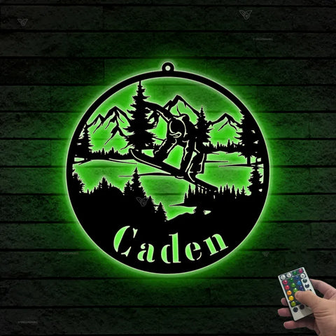 Custom Snowboard Metal Wall Art Led Lights, Snowboarder And Mountain Scene Metal Sign, Snowboarding Winter Sport Metal Wall Hanging