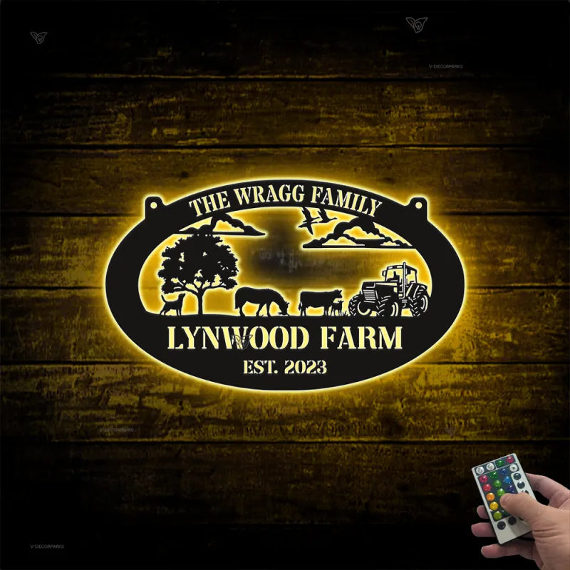 Custom Farmhouse Metal Wall Art Led Lights, Personalized Animals Barn Metal Sign, Metal Farm Truck Name Sign, Mountain Barn Ranch Metal Sign