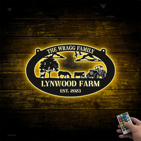 Custom Farmhouse Metal Wall Art Led Lights, Personalized Animals Barn Metal Sign, Metal Farm Truck Name Sign, Mountain Barn Ranch Metal Sign