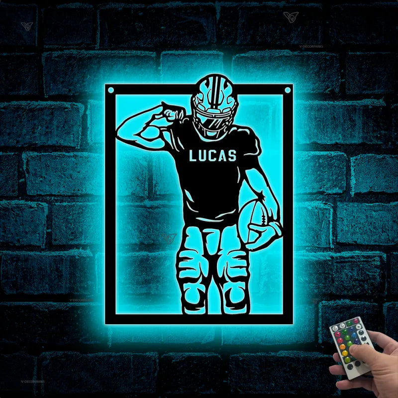 Custom American Football Metal Name Sign Led Lights, Personalized Us Football Player Metal Wall Art, American Football Sport Wall Led Decor