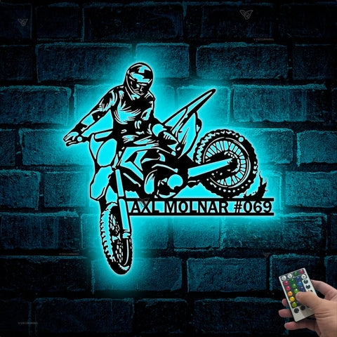 Custom Dirt Bike Metal Wall Art With Led Lights, Personalized Motocross Rider Metal Name Sign, Motorcycle Biker Metal Wall Led Decor