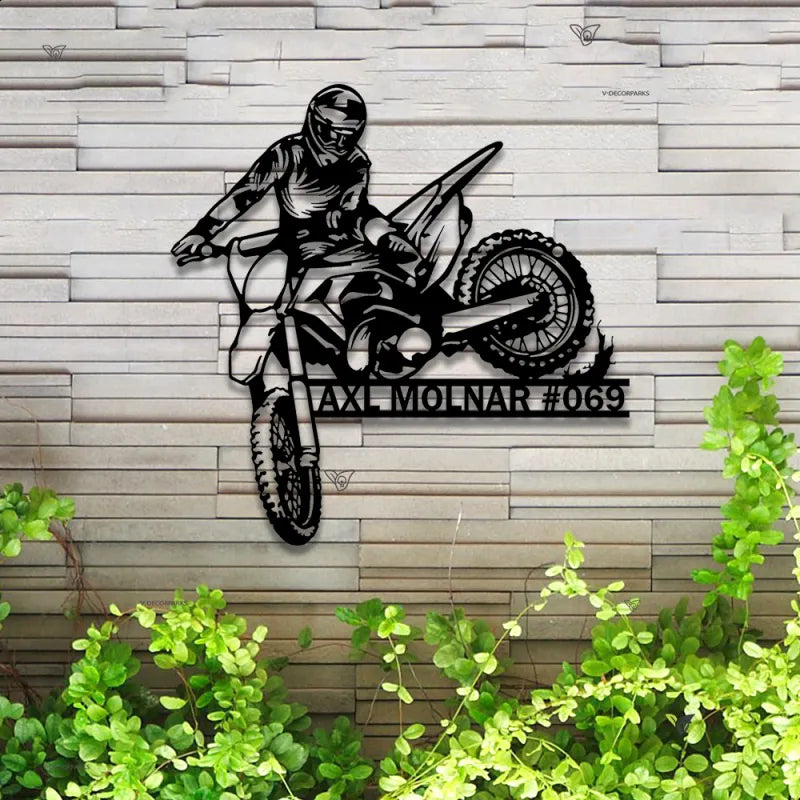 Custom Dirt Bike Metal Wall Art With Led Lights, Personalized Motocross Rider Metal Name Sign, Motorcycle Biker Metal Wall Led Decor