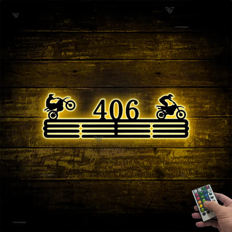Custom Name Motocross Medal Hanger Led Lights, Sports Medal Holder Display Rack For Awards Ribbons, Personalized Dirt Bike Medal Wall Hanging