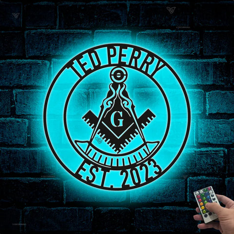 Custom Masonic Square And Compass Metal Wall Art Led Lights, Personalized Masonic Metal Name Sign, Freemason Freemasonry Masonic Monogram Metal Sign