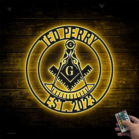 Custom Masonic Square And Compass Metal Wall Art Led Lights, Personalized Masonic Metal Name Sign, Freemason Freemasonry Masonic Monogram Metal Sign