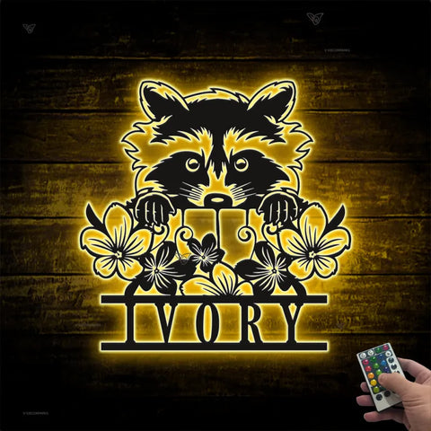 Custom Peeking Raccoon Metal Wall Art Led Lights, Personalized Floral Raccoon Metal Name Sign, Raccoon Wild Animal Metal Wall Led Sign