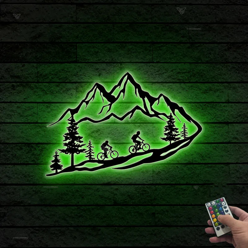 Mountain Biking Metal Wall Art Led Lights, Mountain Bike Metal Sign Wall Led Decor, Mountain Nature Scene Metal Art, Cycling Metal Wall Art