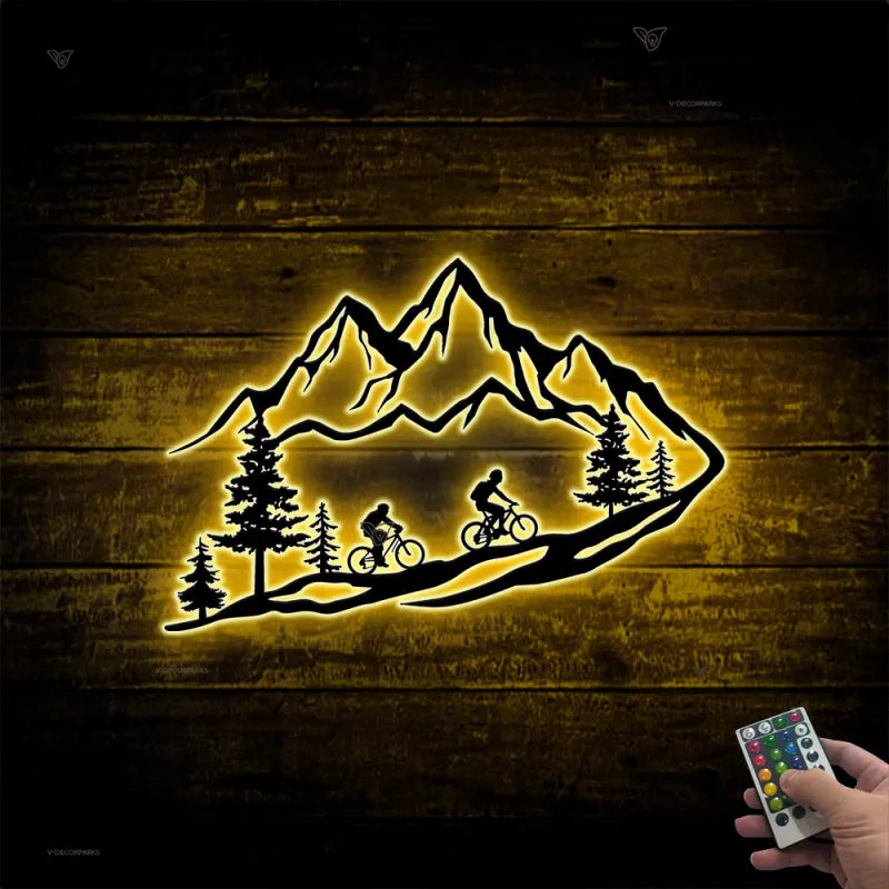 Mountain Biking Metal Wall Art Led Lights, Mountain Bike Metal Sign Wall Led Decor, Mountain Nature Scene Metal Art, Cycling Metal Wall Art