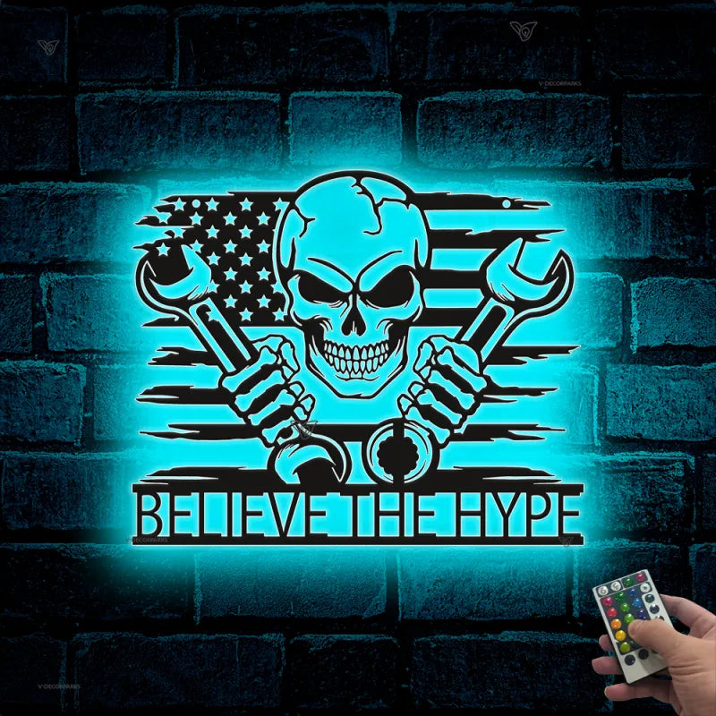 Custom Us Mechanic Skull Metal Wall Art With Led Lights, Mechanic Garage Man Cave Metal Led Sign, Personalized Us Flag Skull Metal Name Sign