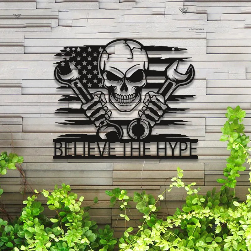 Custom Us Mechanic Skull Metal Wall Art With Led Lights, Mechanic Garage Man Cave Metal Led Sign, Personalized Us Flag Skull Metal Name Sign