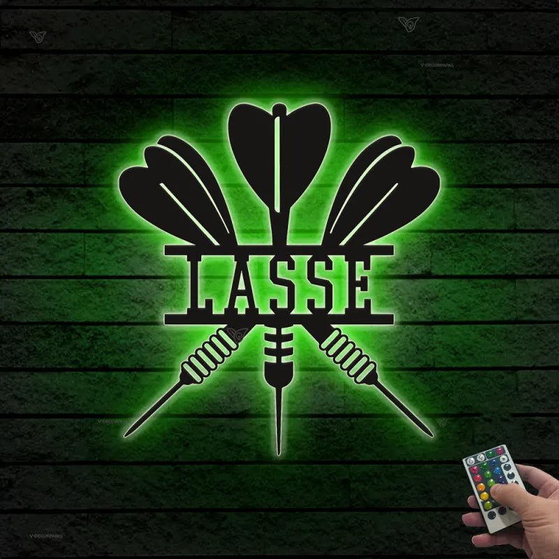 Custom Darts Monogram Metal Wall Art Led Lights, Personalized Darts Player Metal Name Sign, Darts Game Zone Metal Wall Sign Game Room Decor