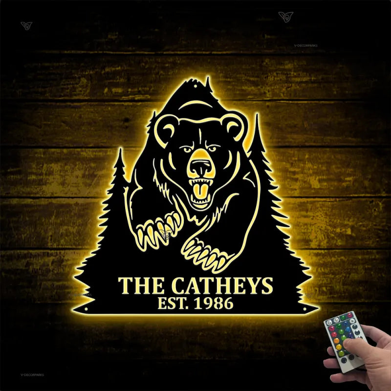 Custom Forest Bear Metal Wall Art Led Lights, Grizzly Bear Metal Sign With Family Name, Personalized Wildlife Canbin Metal Wall Decor