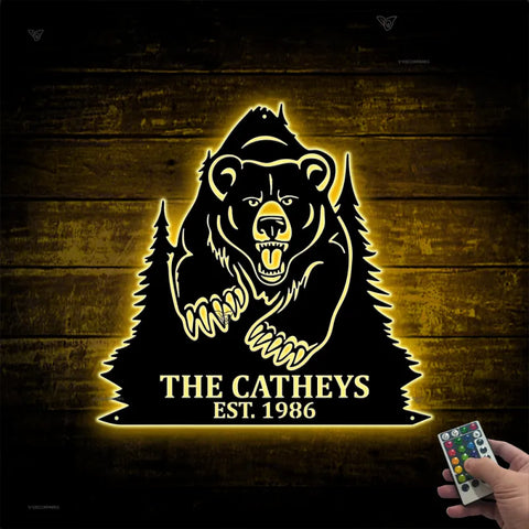 Custom Forest Bear Metal Wall Art Led Lights, Grizzly Bear Metal Sign With Family Name, Personalized Wildlife Canbin Metal Wall Decor