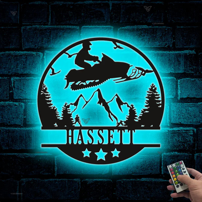 Personalized Riding Snowmobile Metal Wall Art Led Lights, Mountain Snowmobile Sport Metal Name Sign, Ski-doo Winter Game Man Cave Wall Sign