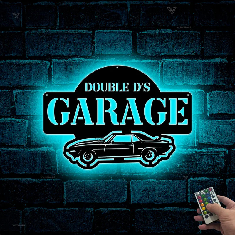 Custom Car Garage Metal Sign With Led Lights, Personalized Car Monogram Metal Name Signs, Car Garage Man Cave Workshop Metal Wall Art