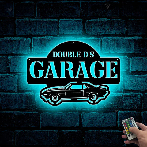 Custom Car Garage Metal Sign With Led Lights, Personalized Car Monogram Metal Name Signs, Car Garage Man Cave Workshop Metal Wall Art