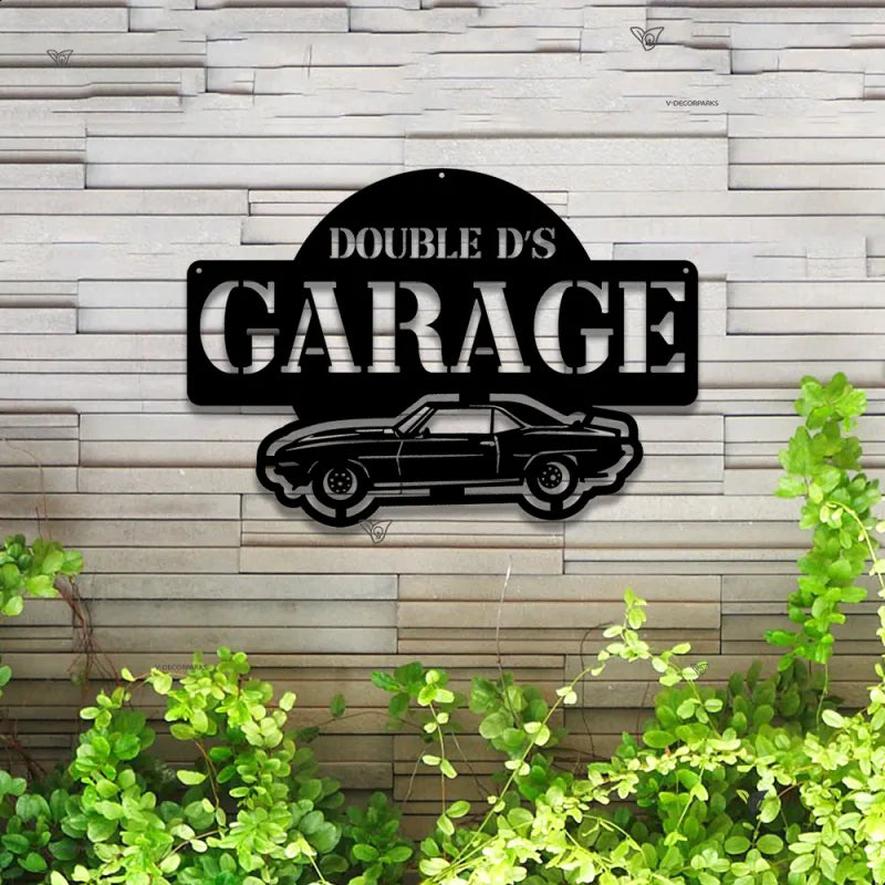 Custom Car Garage Metal Sign With Led Lights, Personalized Car Monogram Metal Name Signs, Car Garage Man Cave Workshop Metal Wall Art