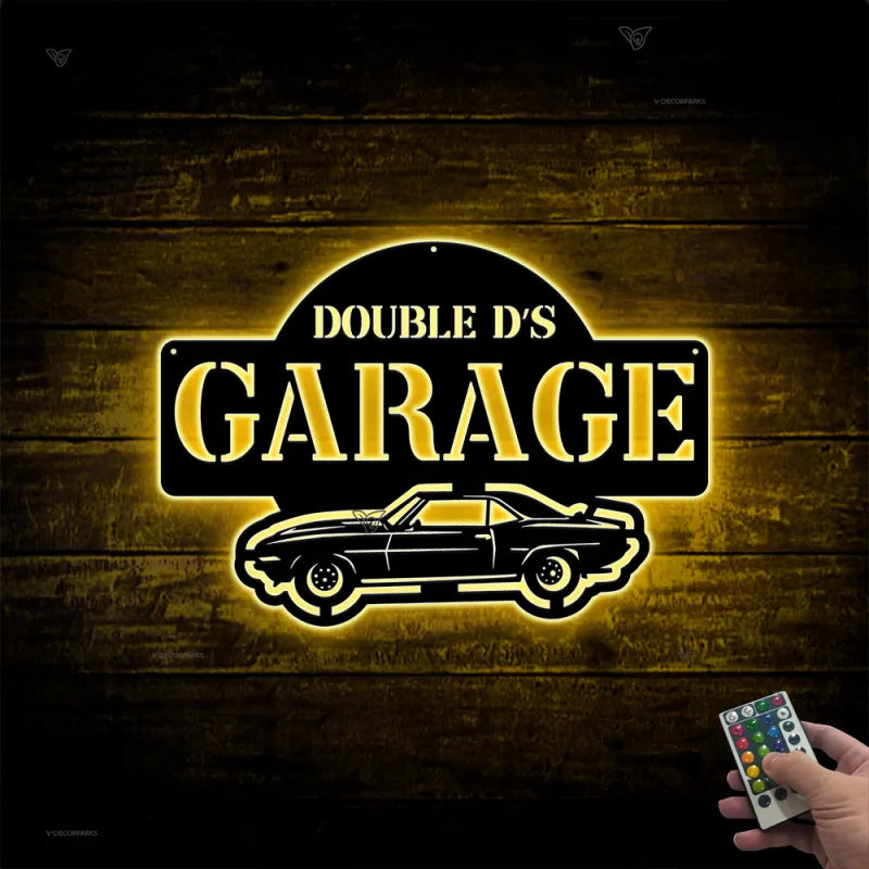 Custom Car Garage Metal Sign With Led Lights, Personalized Car Monogram Metal Name Signs, Car Garage Man Cave Workshop Metal Wall Art