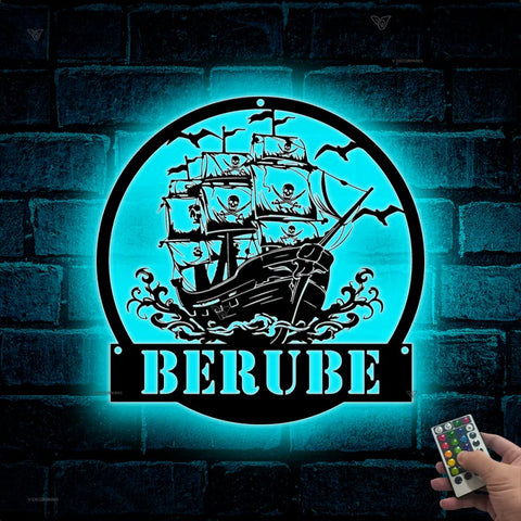 Custom Pirate Ship Metal Wall Art With Led Lights, Personalized Pirate Ship Metal Name Sign, Pirate Ship Kids Room Metal Wall Led Decor