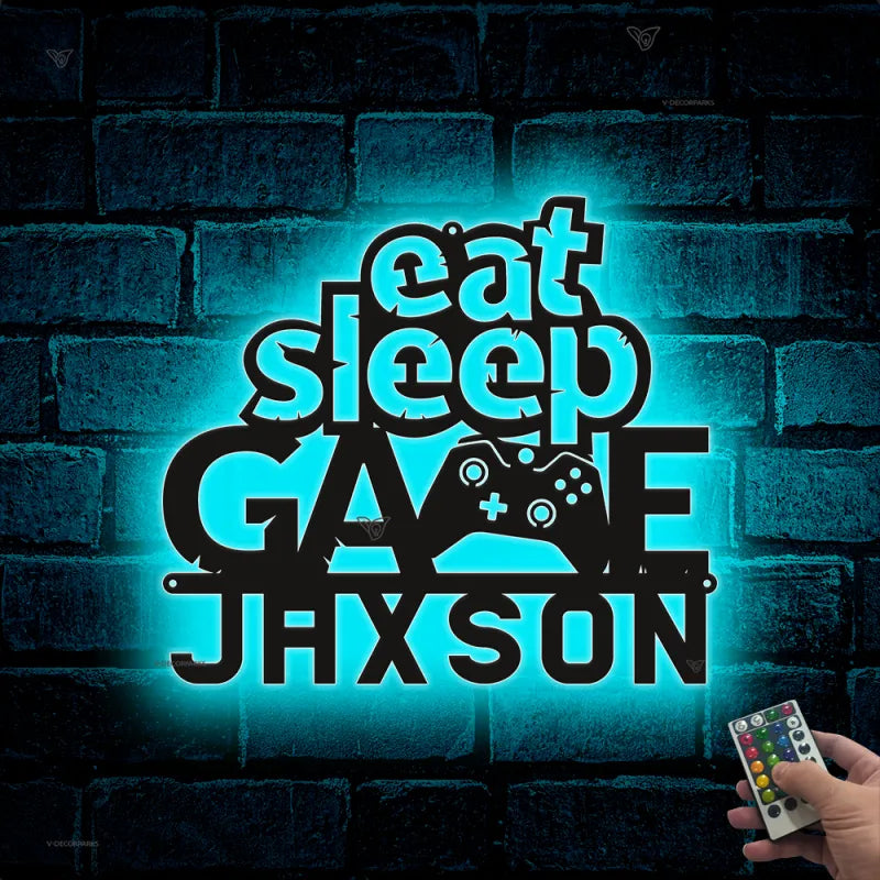 Eat Sleep Game Custom Name Metal Sign Led Lights, Video Game Controller Meatl Wall Art, Game Zone Kids Room Metal Wall Led Decor