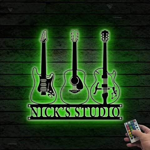 Custom Guitar Musical Instrument Metal Wall Art Led Lights, Personalized Guitar Shop Metal Name Sign, Guitar Music Studio Metal Wall Sign