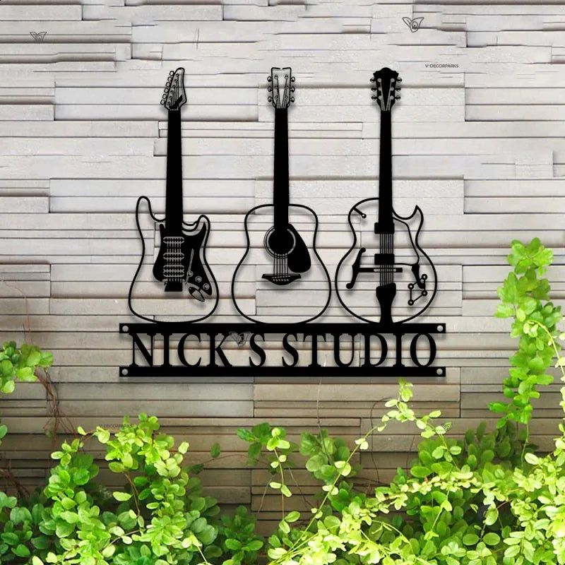 Custom Guitar Musical Instrument Metal Wall Art Led Lights, Personalized Guitar Shop Metal Name Sign, Guitar Music Studio Metal Wall Sign
