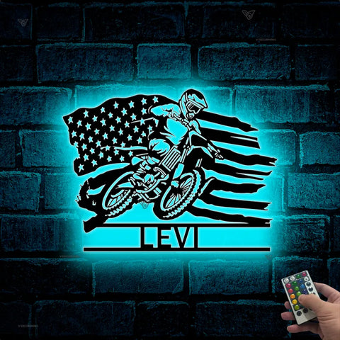 Custom Us Flag Motorcycle Metal Sign Led Lights, Dirt Bike Metal Wall Art, Personalized Motorcycle Biker Name Sign, Motocross Sport Metal Decor