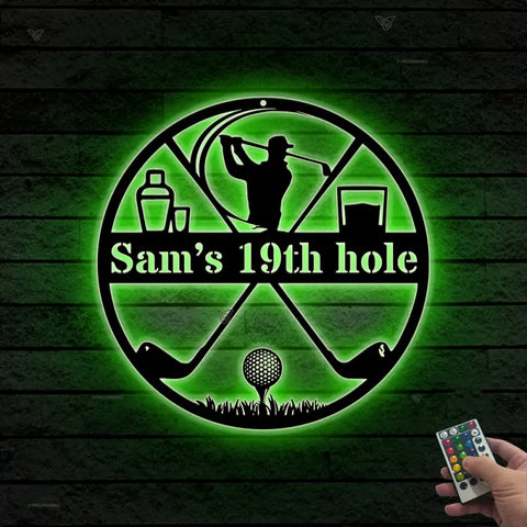 Custom Name Golfer Metal Sign With Led Lights, Personalized 19th Hole Golf Club Metal Decoration, Golf Ball And Golf Sticks Metal Wall Art Decor
