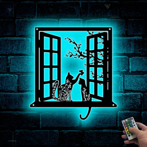 Couple Cats Metal Wall Art Led Lights, Cat Lovers Metal Wall Room Decor, Couple Cats On Windowsill Laser Cut Metal Sign, Pet Lover Metal Sign