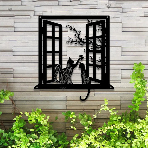 Couple Cats Metal Wall Art Led Lights, Cat Lovers Metal Wall Room Decor, Couple Cats On Windowsill Laser Cut Metal Sign, Pet Lover Metal Sign