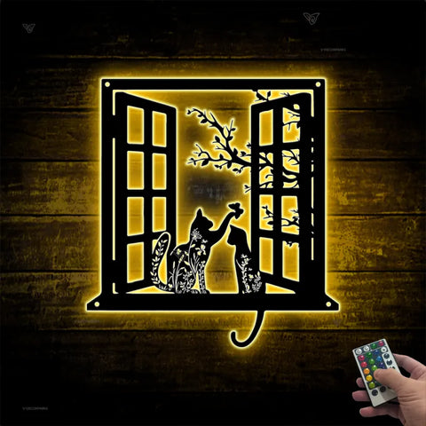 Couple Cats Metal Wall Art Led Lights, Cat Lovers Metal Wall Room Decor, Couple Cats On Windowsill Laser Cut Metal Sign, Pet Lover Metal Sign