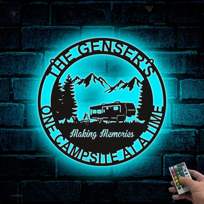Personalized Forest Camping Rv Metal Sign Led Lights, Camping Car Fire Pit Metal Wall Art, Custom Campsite Campfire Mountain Secene Metal Wall Sign