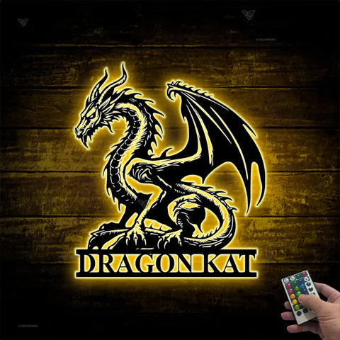 Custom Dragon Metal Sign With Led Lights, Dragon Name Metal Art, Monogram Dragon Wall Decor, Mythical Dragon Metal Wall Hanging